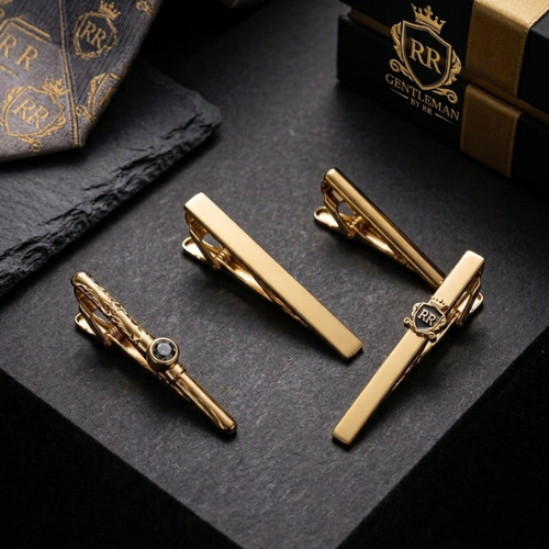 Gentleman by RR gold tie bars collection on dark slate background